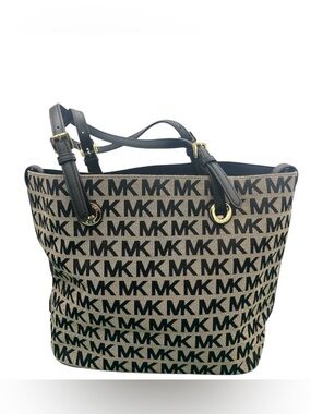 MICHAEL KORS Jet Set Signature Bag Tote Tan/Black Jacquard & Leather 16x11.5”